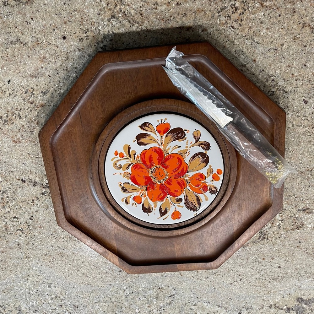 Vintage Goodwood Teak Cheese Board‎ with Orange Floral Ceramic Tile and Knife